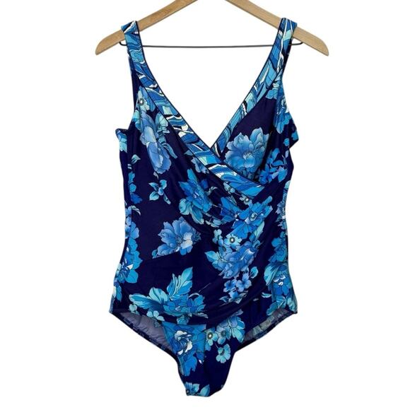 Miraclesuit Blue Floral One Piece Swimsuit Size 12 Shaping Slimming Ruched - Picture 1 of 3